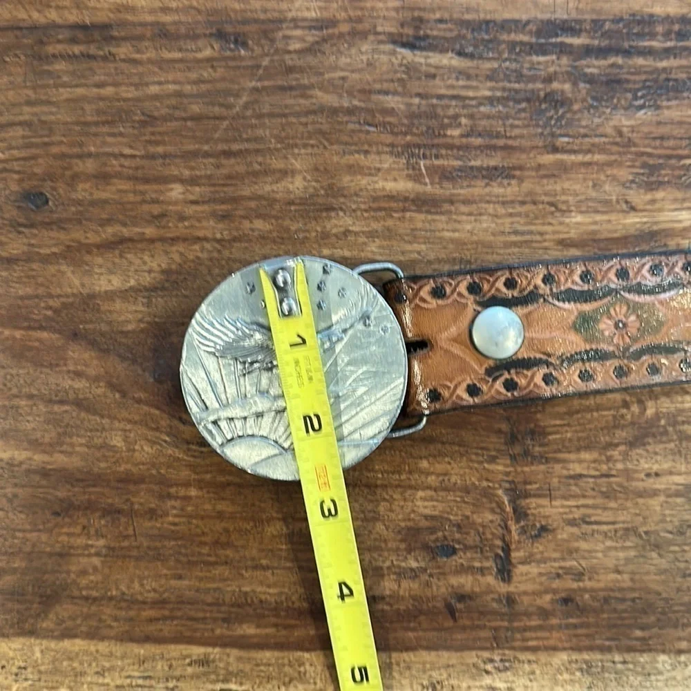 Bergamot Brass Works Vintage Tooled Leather Belt with Soaring Eagle Brass Buckle